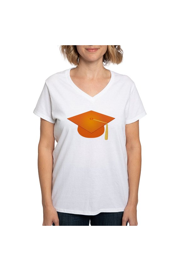 - Orange Graduation Cap Women's V Neck T Shirt - Womens Cotton V-Neck T-shirt
