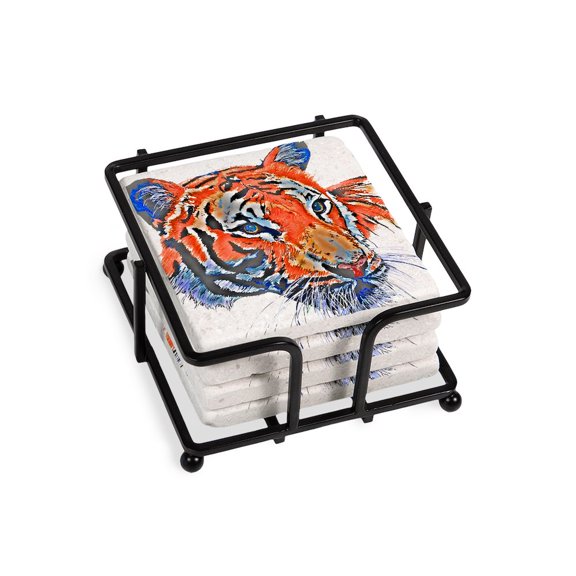 CafePress - Orange Tiger - Tile Coaster, Drink Coaster Set of 4 w/ holder