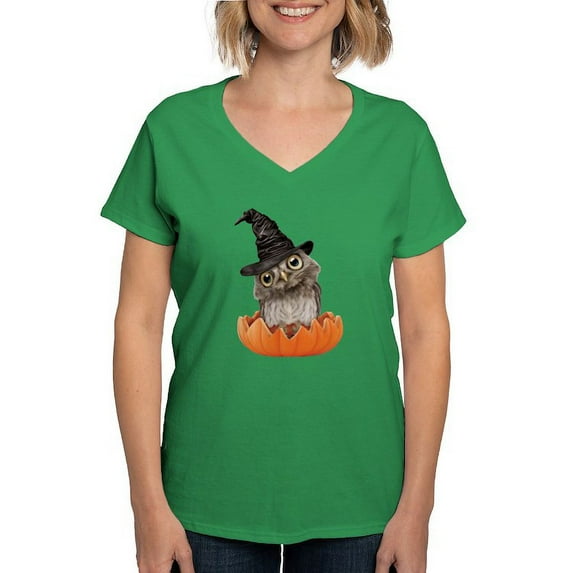 CafePress - PD Moreno's Halloween Owl Women's V Neck T Shirt - Women's V-Neck Dark T-Shirt
