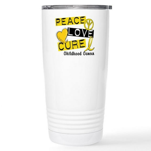 CafePress - PEACE LOVE CURE Childhood Cancer Stainless Steel T - Insulated Stainless Steel Travel Tumbler 20 oz.