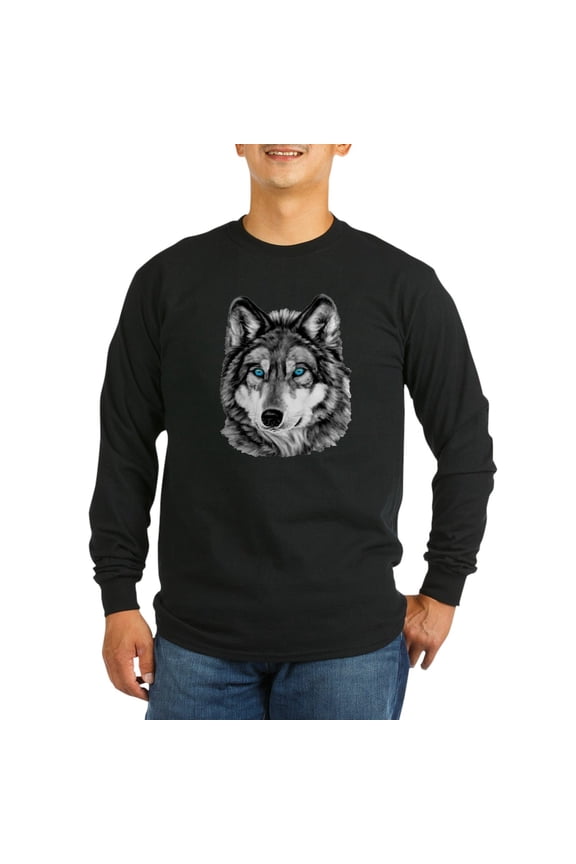 - Painted Wolf Grayscale Long Sleeve Dark T Shirt - Long Sleeve Dark T-Shirt