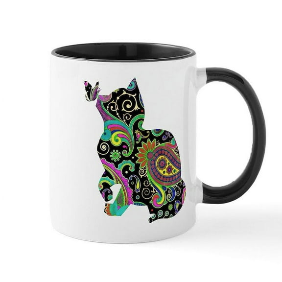 CafePress - Paisley Cat And Butterfly Mugs - 11 oz Ceramic Mug - Novelty Coffee Tea Cup