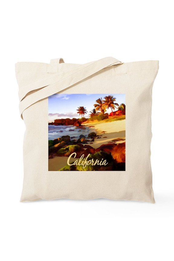- Palms, Beach, Rocks Ocean At Sunset Cali Tote Bag - Unisex Canvas Tote Bag, Beige, 1-Piece