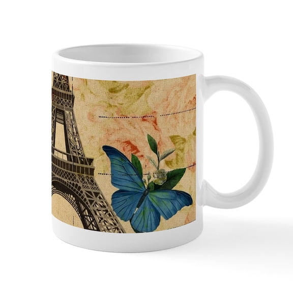 CafePress - Paris Eiffel Tower Hydrangea Bird Floral Fashion M - 11 oz Ceramic Mug - Novelty Coffee Tea Cup