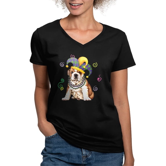 CafePress - Party Bulldog White T Shirt - Women's V-Neck Dark T-Shirt