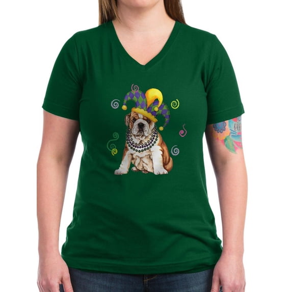 CafePress - Party Bulldog White T Shirt - Women's V-Neck Dark T-Shirt