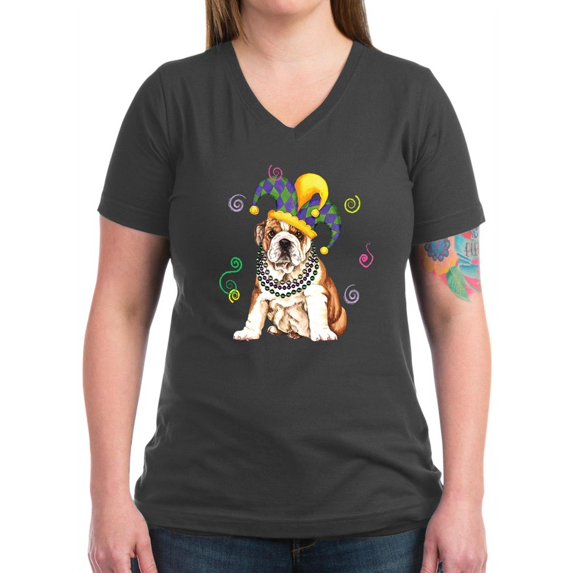 CafePress - Party Bulldog White T Shirt - Women's V-Neck Dark T-Shirt
