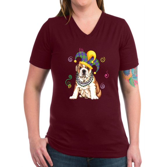 CafePress - Party Bulldog White T Shirt - Women's V-Neck Dark T-Shirt