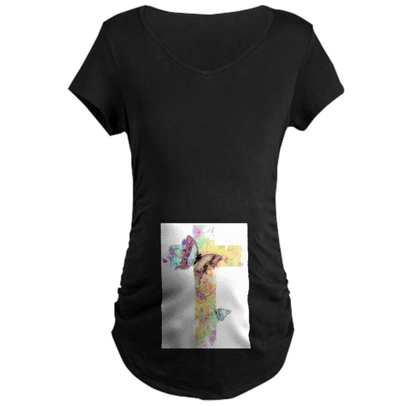 CafePress - Pastel Floral Cross And Butterflies Maternity T Sh - Maternity Dark T-Shirt
