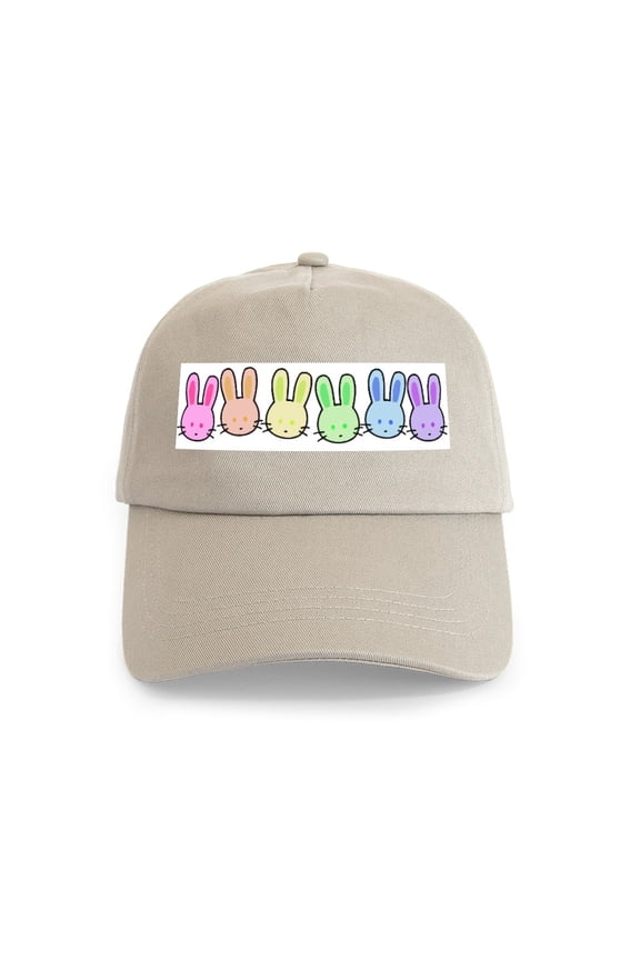 - Pastel Rainbow Bunnies Cap - Adjustable 100% Brushed Unisex Casual Cotton Baseball Cap, Beige, 1