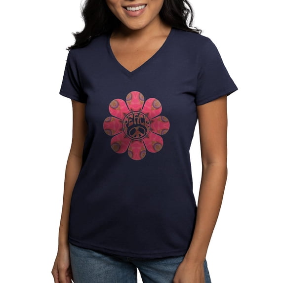 CafePress - Peace Flower Affection Women's V Neck Dark T Shi - Women's V-Neck Dark T-Shirt