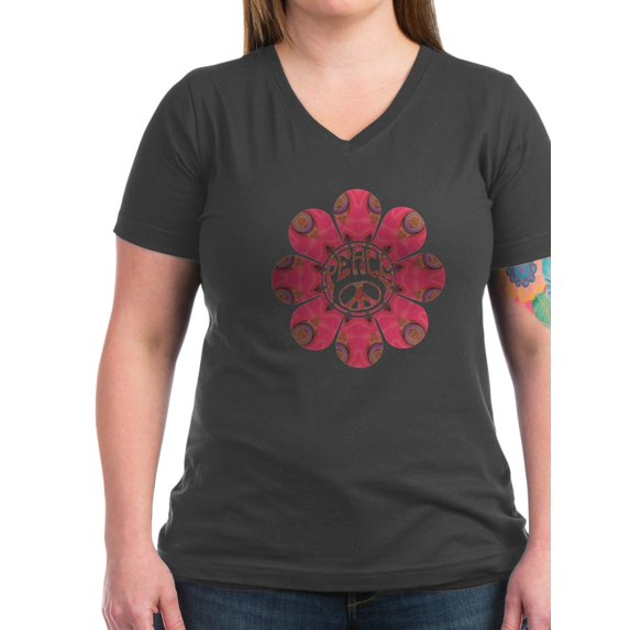 CafePress - Peace Flower Affection Women's V Neck Dark T Shi - Women's V-Neck Dark T-Shirt