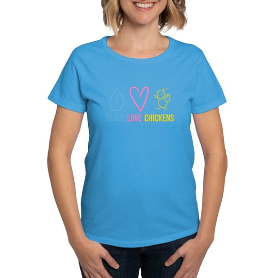 CafePress - Peace, Love, Chickens Women's Dark T Shirt - Women's Traditional Fit Dark T-Shirt