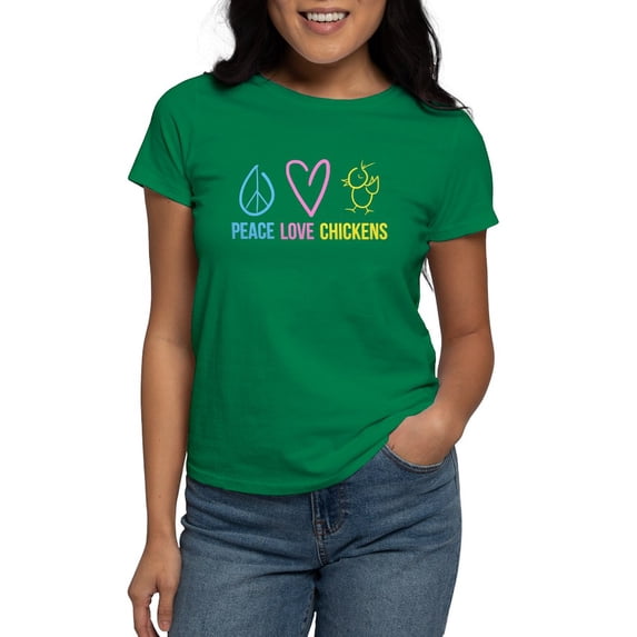 CafePress - Peace, Love, Chickens Women's Dark T Shirt - Women's Traditional Fit Dark T-Shirt