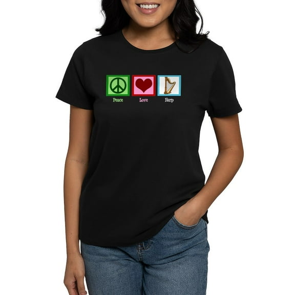CafePress - Peace Love Harp Women's Classic T Shirt - Women's Traditional Fit Dark T-Shirt