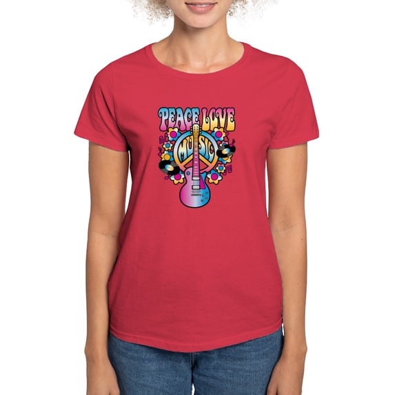 CafePress - Peace Love & Music T Shirt - Women's Traditional Fit Dark T-Shirt