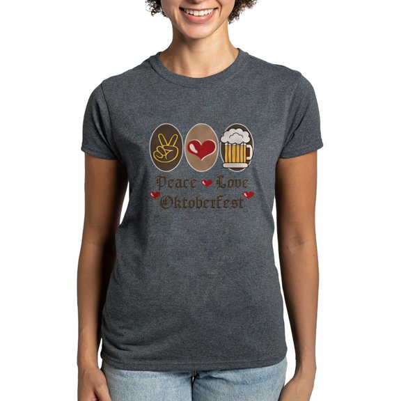 CafePress - Peace Love Oktoberfest Women's Dark T Shirt - Women's Traditional Fit Dark T-Shirt