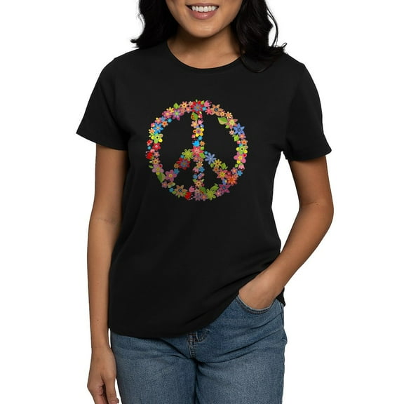 CafePress - Peace Sign Flowers T Shirt - Women's Traditional Fit Dark T-Shirt
