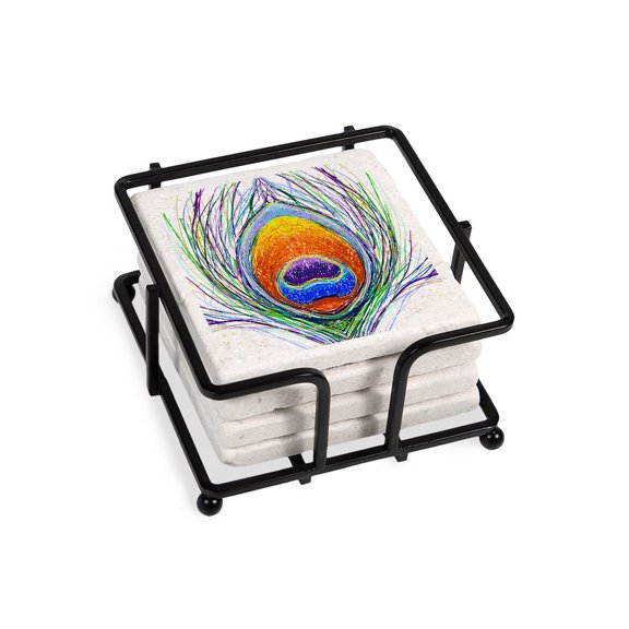 CafePress - Peacock Feather - Tile Coaster, Drink Coaster Set of 4 w/ holder