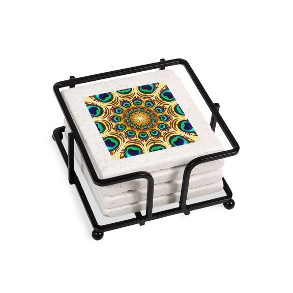 CafePress - Peacock Feathers - Tile Coaster, Drink Coaster Set of 4 w/ holder