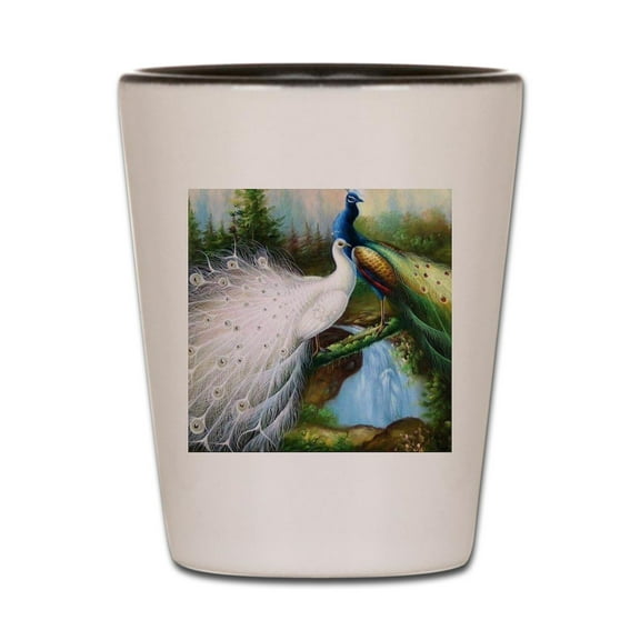 CafePress - Peacocks - White/Black Shot Glass, Unique and Funny Shot Glass