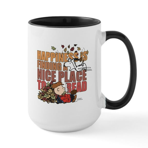 CafePress - Peanuts Fall Reading Mug - 15 oz Ceramic Large White Novelty Mug