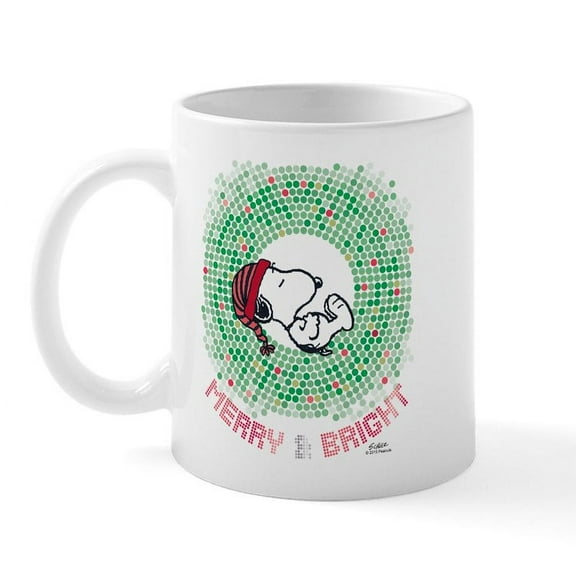 CafePress - Peanuts Snoopy Merry And Bright Mug - 11 oz Ceramic Mug - Novelty Coffee Tea Cup