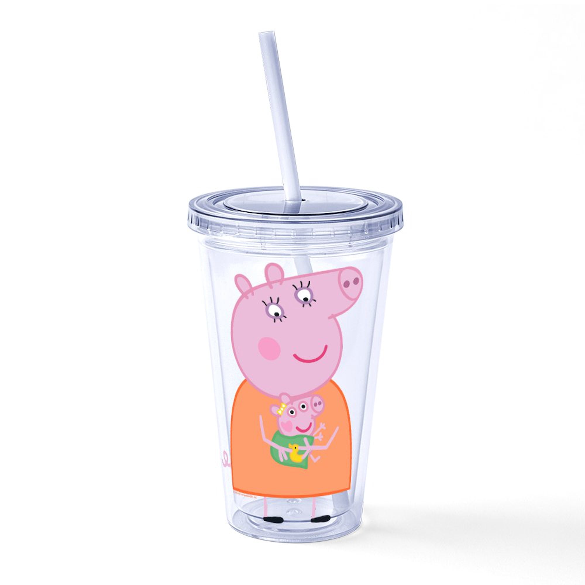 CafePress - Peppa Pig: Holding Baby - 16 Ounce Classic Clear Insulated Double Wall Tumbler Cup with Lid Straw , Reusable