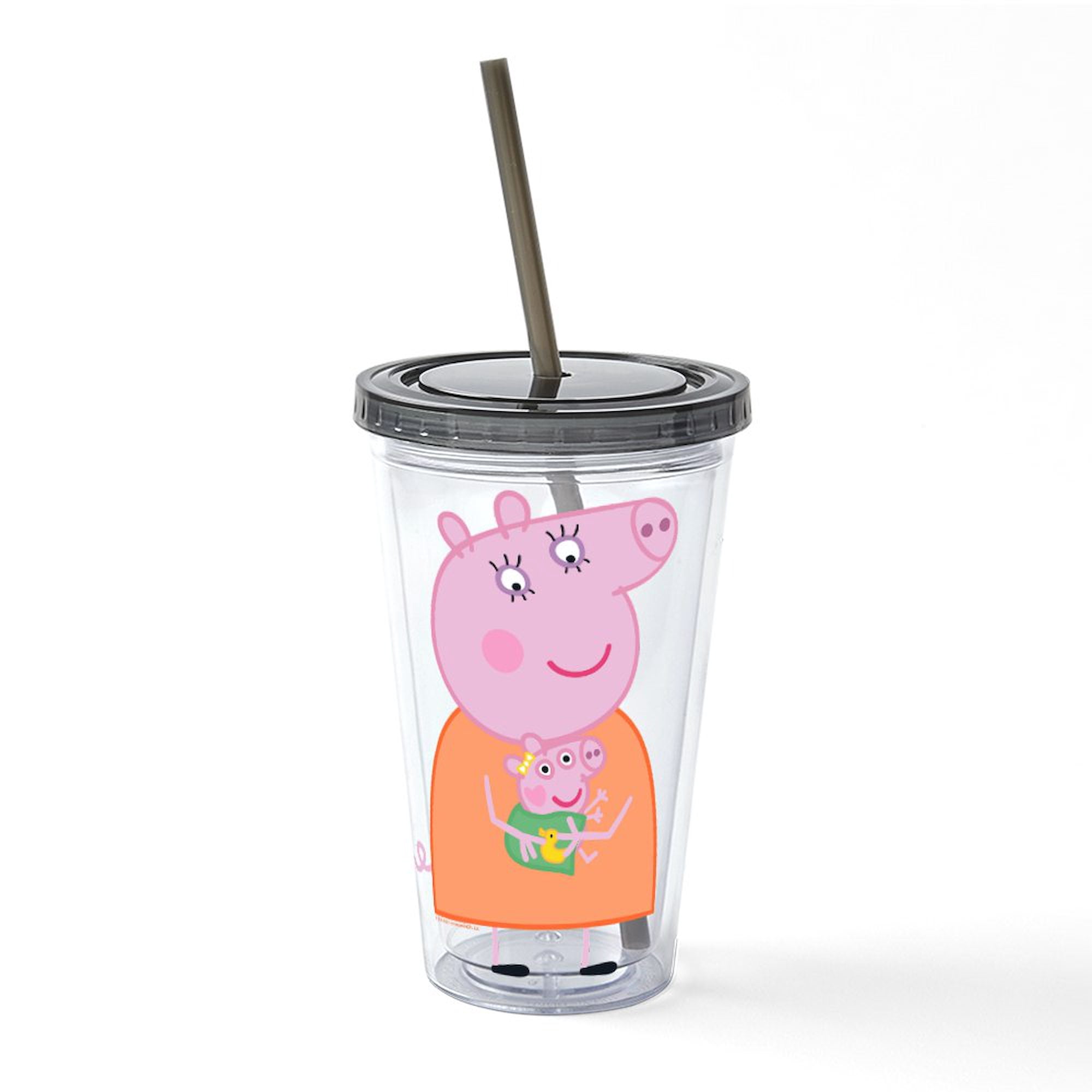 CafePress - Peppa Pig: Holding Baby - 16 Ounce Classic Clear Insulated Double Wall Tumbler Cup with Lid Straw , Reusable