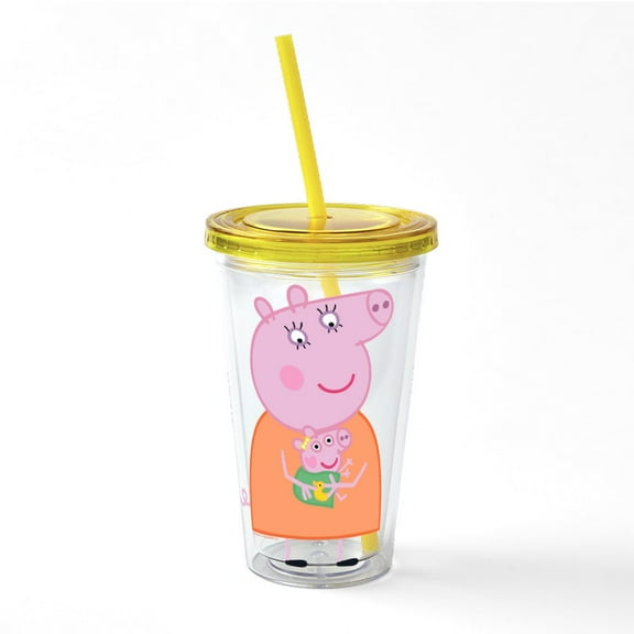 CafePress - Peppa Pig: Holding Baby - 16 Ounce Classic Clear Insulated Double Wall Tumbler Cup with Lid Straw , Reusable