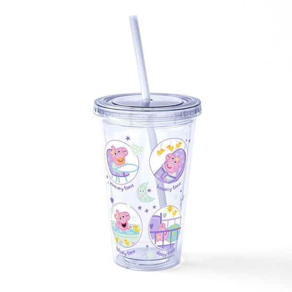 CafePress - Peppa Pig: Morning To Evening - 16 Ounce Classic Clear Insulated Double Wall Tumbler Cup with Lid Straw , Reusable