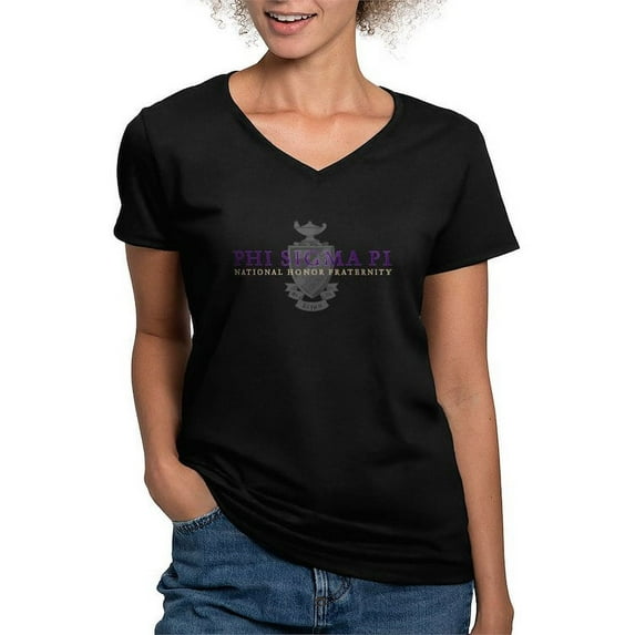 CafePress - Phi Sigma Pi Shield Color Wordmark T Shirt - Women's V-Neck Dark T-Shirt