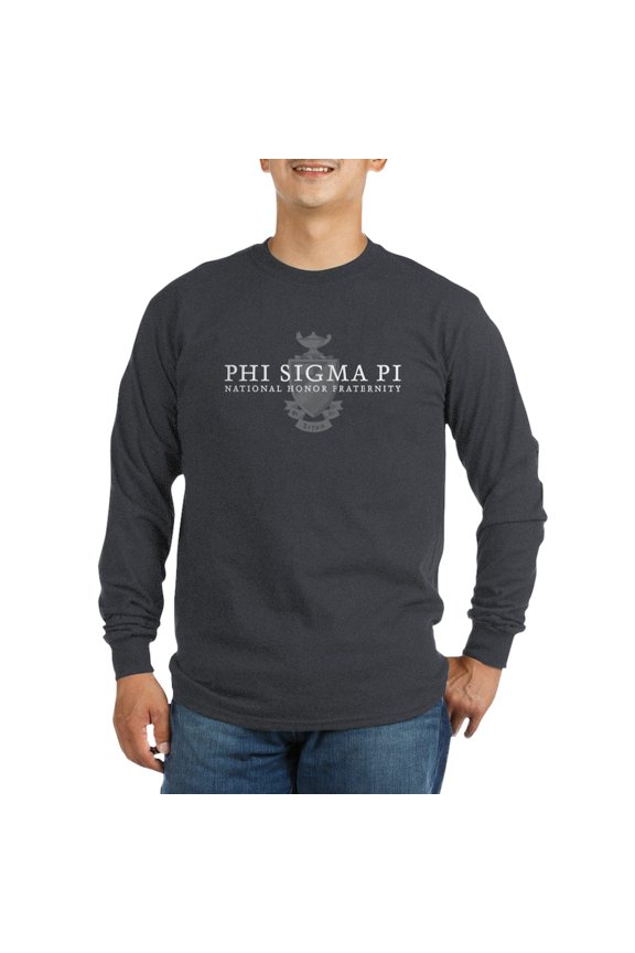- Phi Sigma Pi White Wordmark And Shield Long Sleeve T Shirt - Long Sleeve Dark T-Shirt
