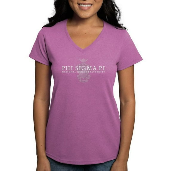 CafePress - Phi Sigma Pi White Wordmark And Shield T Shirt - Women's V-Neck Dark T-Shirt