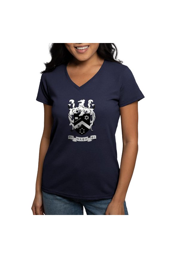 - Pi Alpha Phi Black And White Crest T Shirt - Women's V-Neck Dark T-Shirt