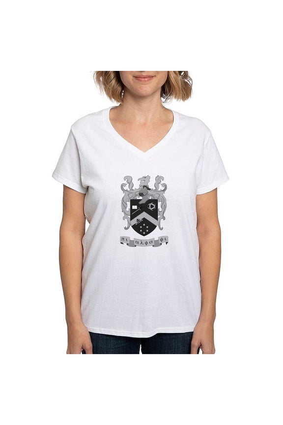 - Pi Alpha Phi Crest Greyscale T Shirt - Womens Cotton V-Neck T-shirt