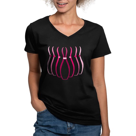 CafePress - Pink Bowling Pins Women's V Neck Dark T Shirt - Women's V-Neck Dark T-Shirt