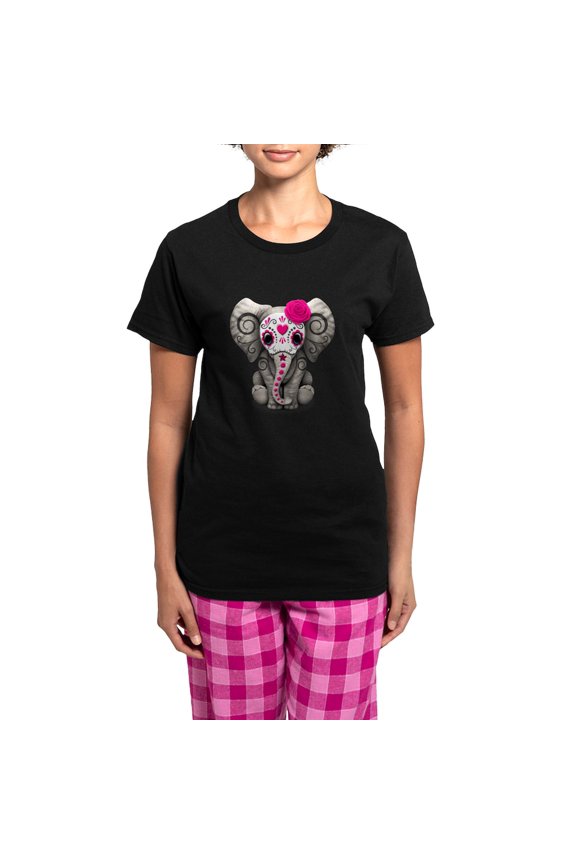 - Pink Day Of The Dead Sugar Skull Baby Elephant Paj - Women's Short Sleeve Print T-Shirt and Pants Dark Cotton Pajama Set