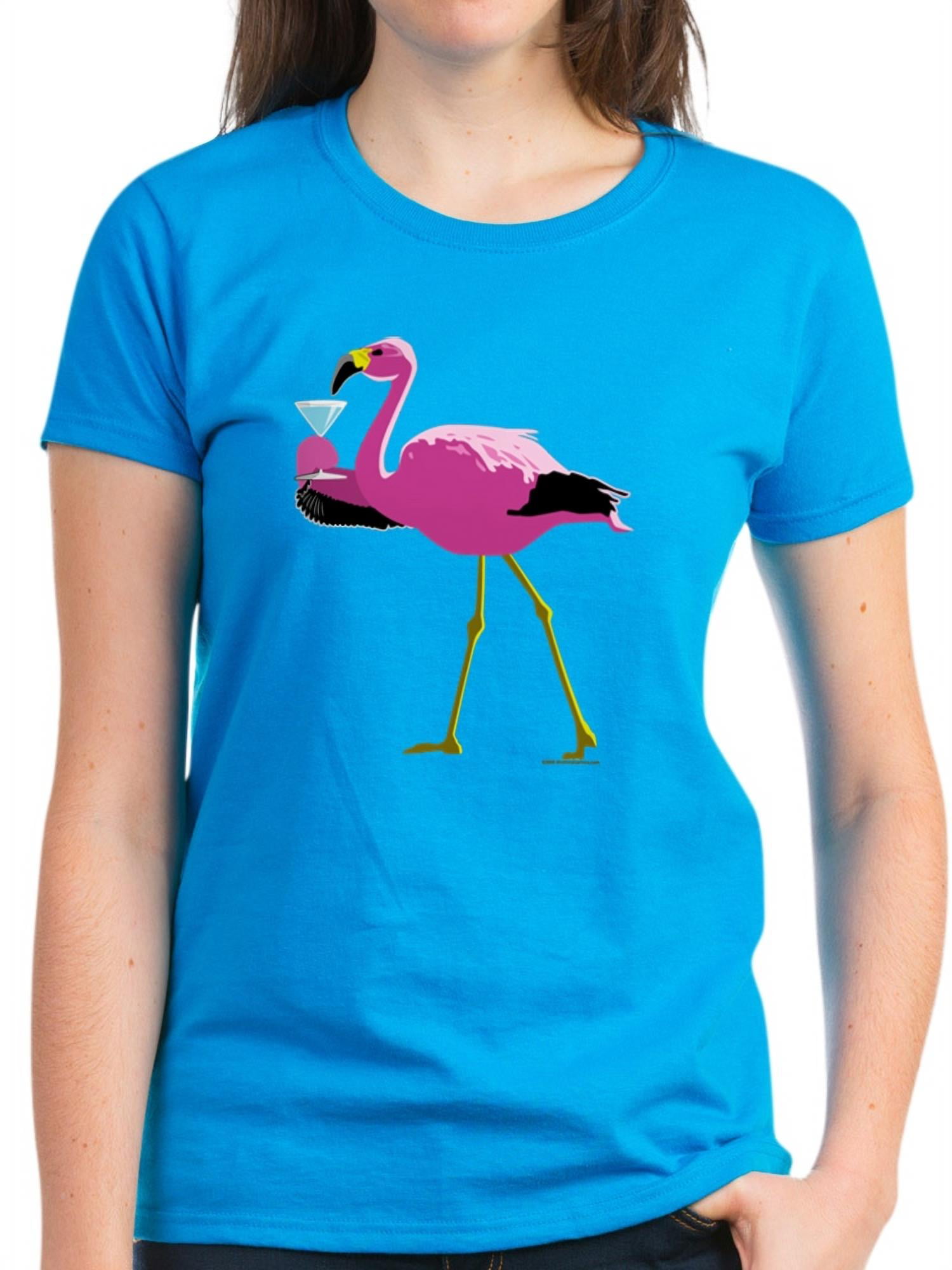 CafePress - Pink Flamingo Drinking A Martini Women\'s Dark T Sh - Women\'s  Dark T-Shirt