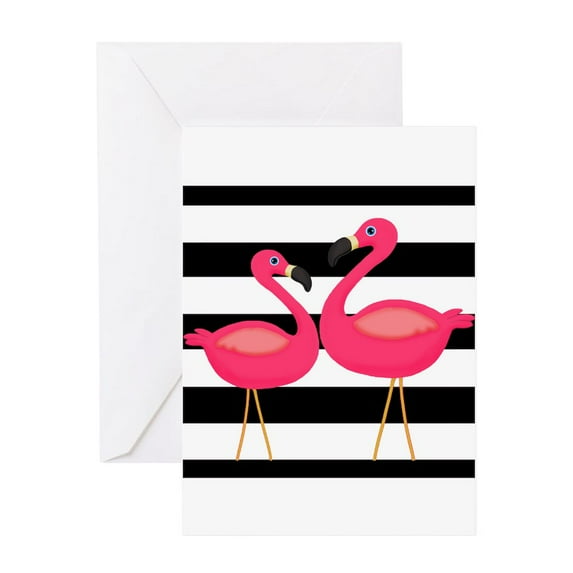 CafePress - Pink Flamingoes Black Stripes Greeting Cards - Greeting Card, Blank Inside Matte