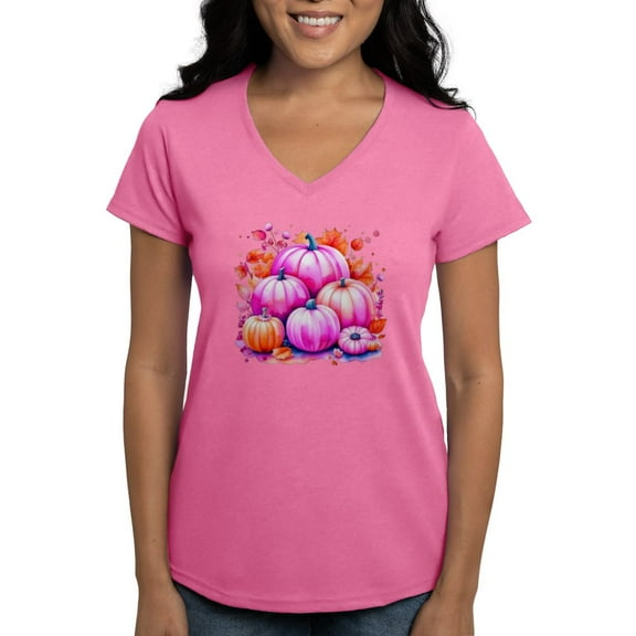 CafePress - Pink Halloween Pumpkins T Shirt - Women's V-Neck Dark T-Shirt
