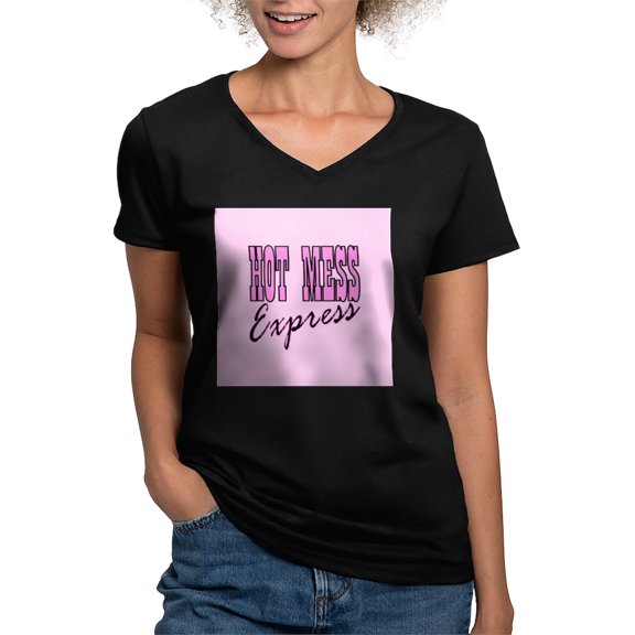 CafePress - Pink Hot Mess Express T Shirt - Women's V-Neck Dark T-Shirt