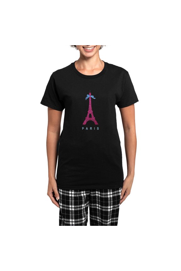 - Pink Paris Eiffel Tower Women's Dark Pajamas - Women's Short Sleeve Print T-Shirt and Pants Dark Cotton Pajama Set