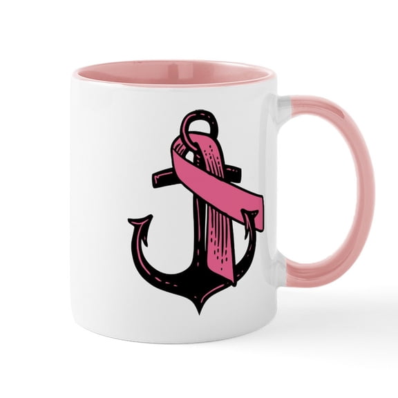 CafePress - Pink Ribbon Anchor Mugs - 11 oz Ceramic Mug - Novelty Coffee Tea Cup