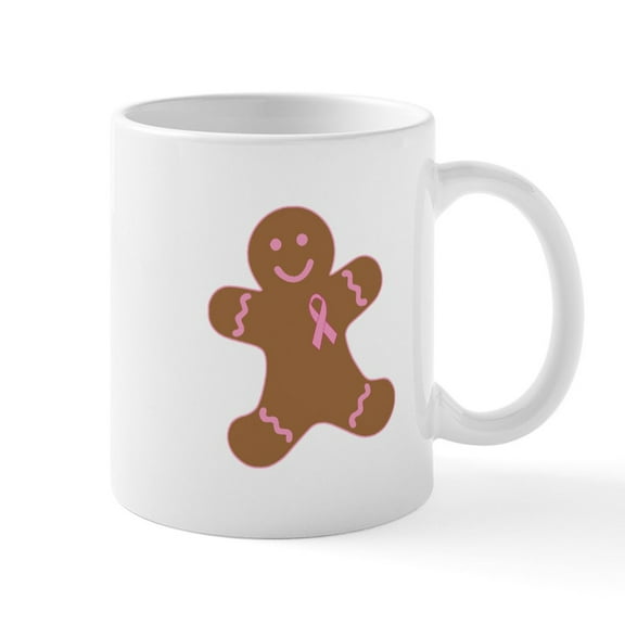 CafePress - Pink Ribbon Gingerbread Man Mug - 11 oz Ceramic Mug - Novelty Coffee Tea Cup