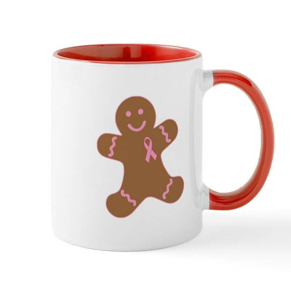 CafePress - Pink Ribbon Gingerbread Man Mug - 11 oz Ceramic Mug - Novelty Coffee Tea Cup