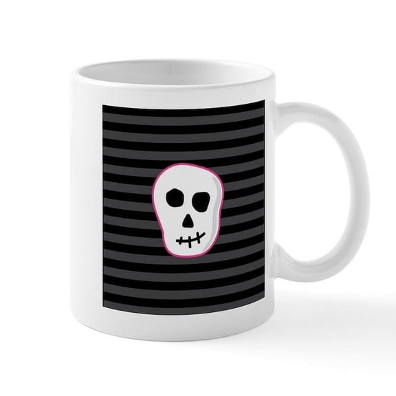 CafePress - Pink Skeleton Face Stripes Mug - 11 oz Ceramic Mug - Novelty Coffee Tea Cup