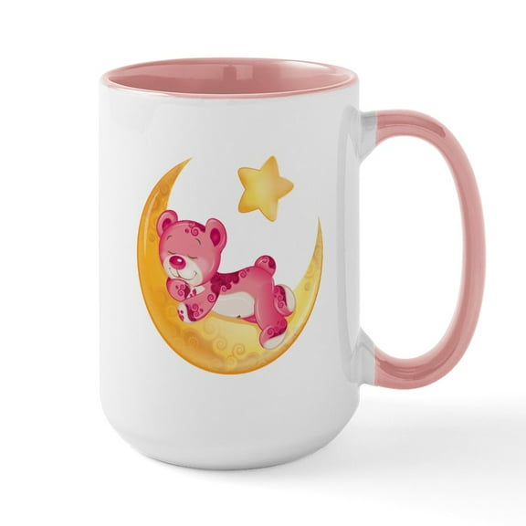CafePress - Pink Sleepy Teddy On Moon - 15 oz Ceramic Large White Novelty Mug