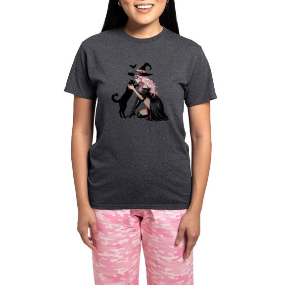 CafePress - Pink Witch - Women's Short Sleeve Print T-Shirt and Pants Charcoal Gray Cotton Pajama Set