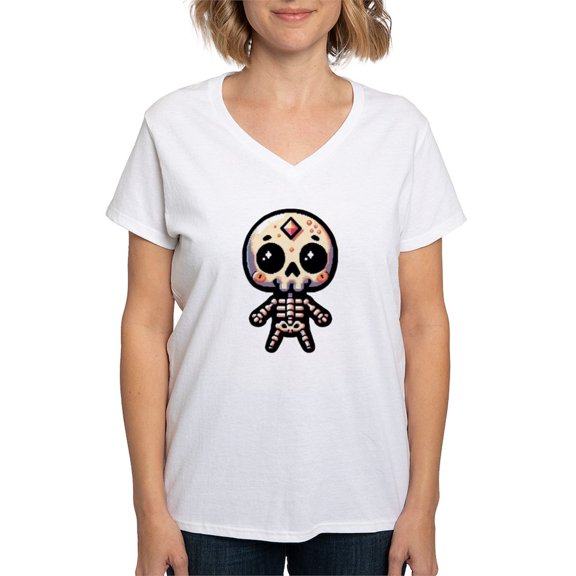 CafePress - Pixel Art Skeleton Women's V Neck T Shirt - Womens Cotton V-Neck T-shirt